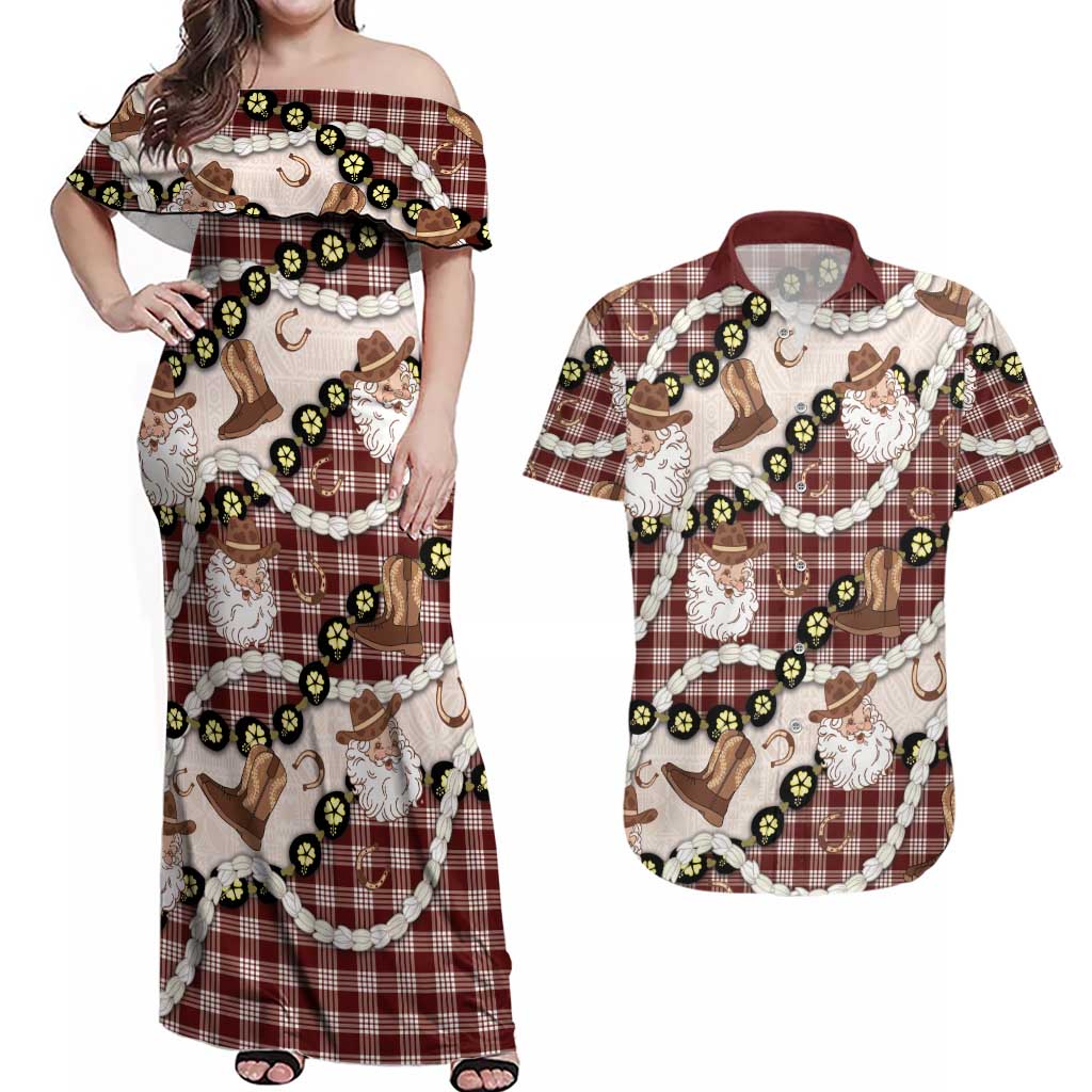 Cowboy Hawaii Mele Kalikimaka Couples Matching Off Shoulder Maxi Dress and Hawaiian Shirt Paniolo Kukui Nut Pikake Lei Burgundy Version LT14 Burgundy - Polynesian Pride
