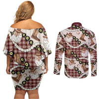 Cowboy Hawaii Mele Kalikimaka Couples Matching Off Shoulder Short Dress and Long Sleeve Button Shirt Paniolo Kukui Nut Pikake Lei Burgundy Version LT14 - Polynesian Pride