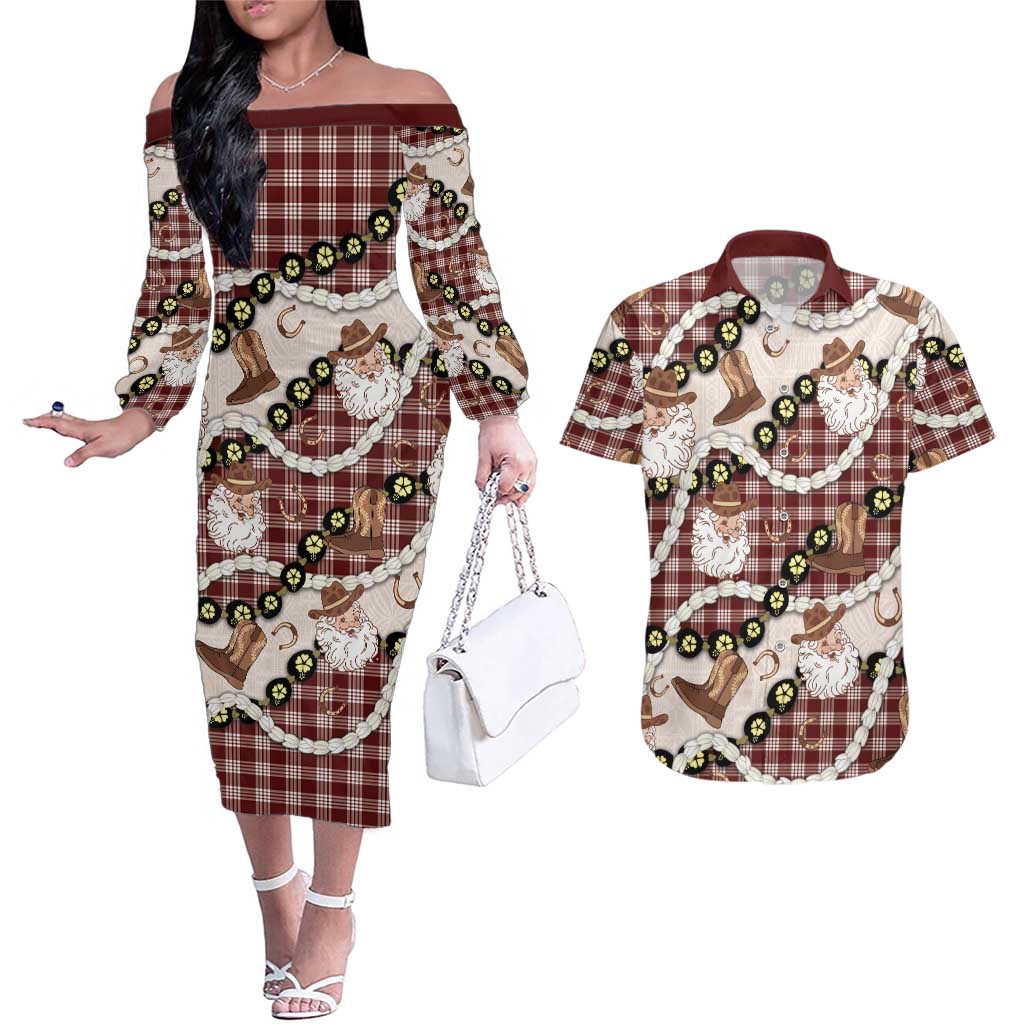 Cowboy Hawaii Mele Kalikimaka Couples Matching Off The Shoulder Long Sleeve Dress and Hawaiian Shirt Paniolo Kukui Nut Pikake Lei Burgundy Version LT14 Burgundy - Polynesian Pride