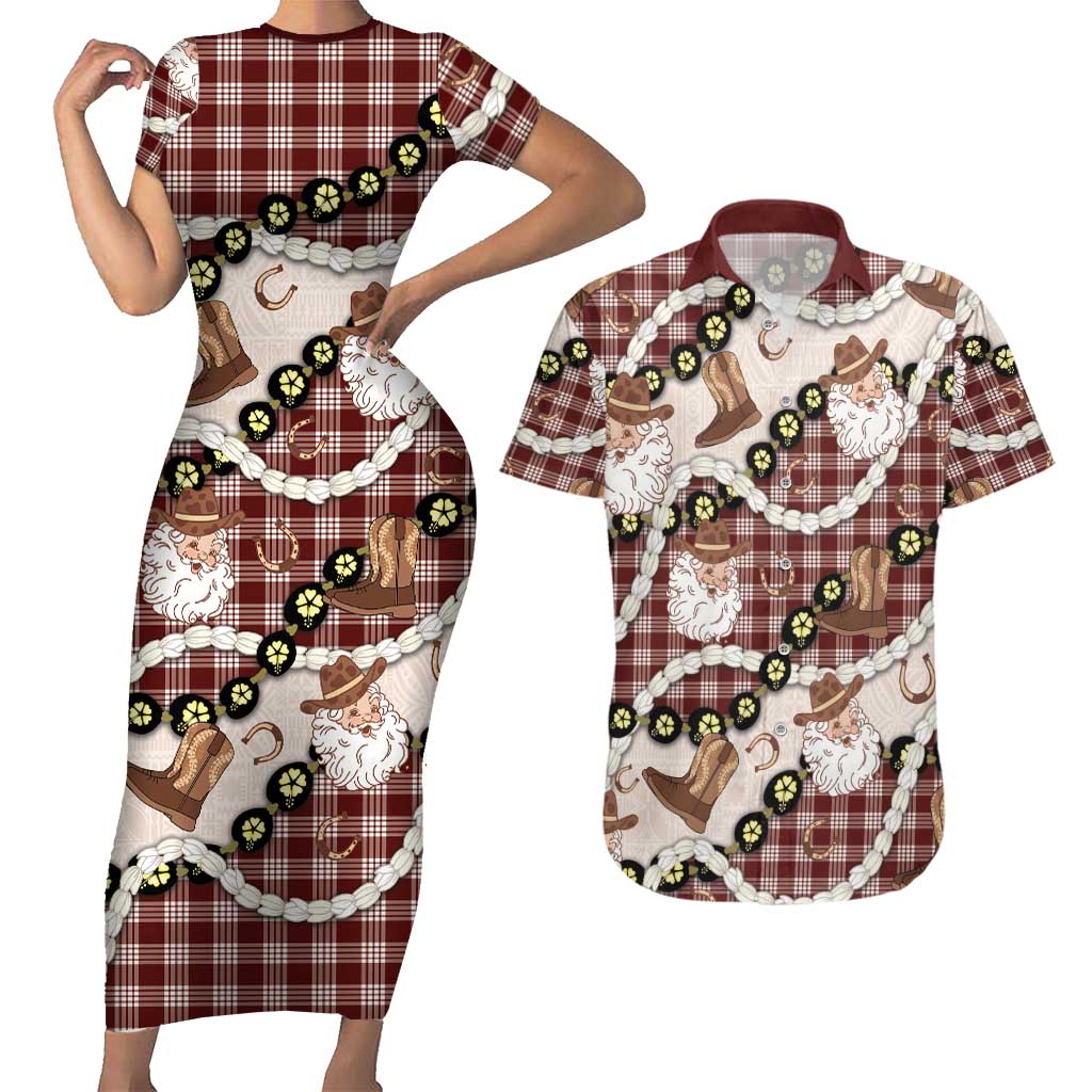 Cowboy Hawaii Mele Kalikimaka Couples Matching Short Sleeve Bodycon Dress and Hawaiian Shirt Paniolo Kukui Nut Pikake Lei Burgundy Version - Polynesian Pride