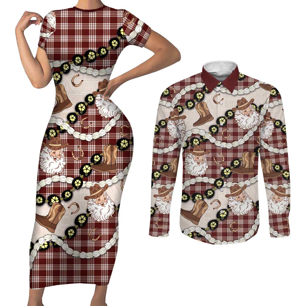 Cowboy Hawaii Mele Kalikimaka Couples Matching Short Sleeve Bodycon Dress and Long Sleeve Button Shirt Paniolo Kukui Nut Pikake Lei Burgundy Version - Polynesian Pride