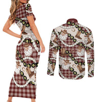 Cowboy Hawaii Mele Kalikimaka Couples Matching Short Sleeve Bodycon Dress and Long Sleeve Button Shirt Paniolo Kukui Nut Pikake Lei Burgundy Version LT14 - Polynesian Pride
