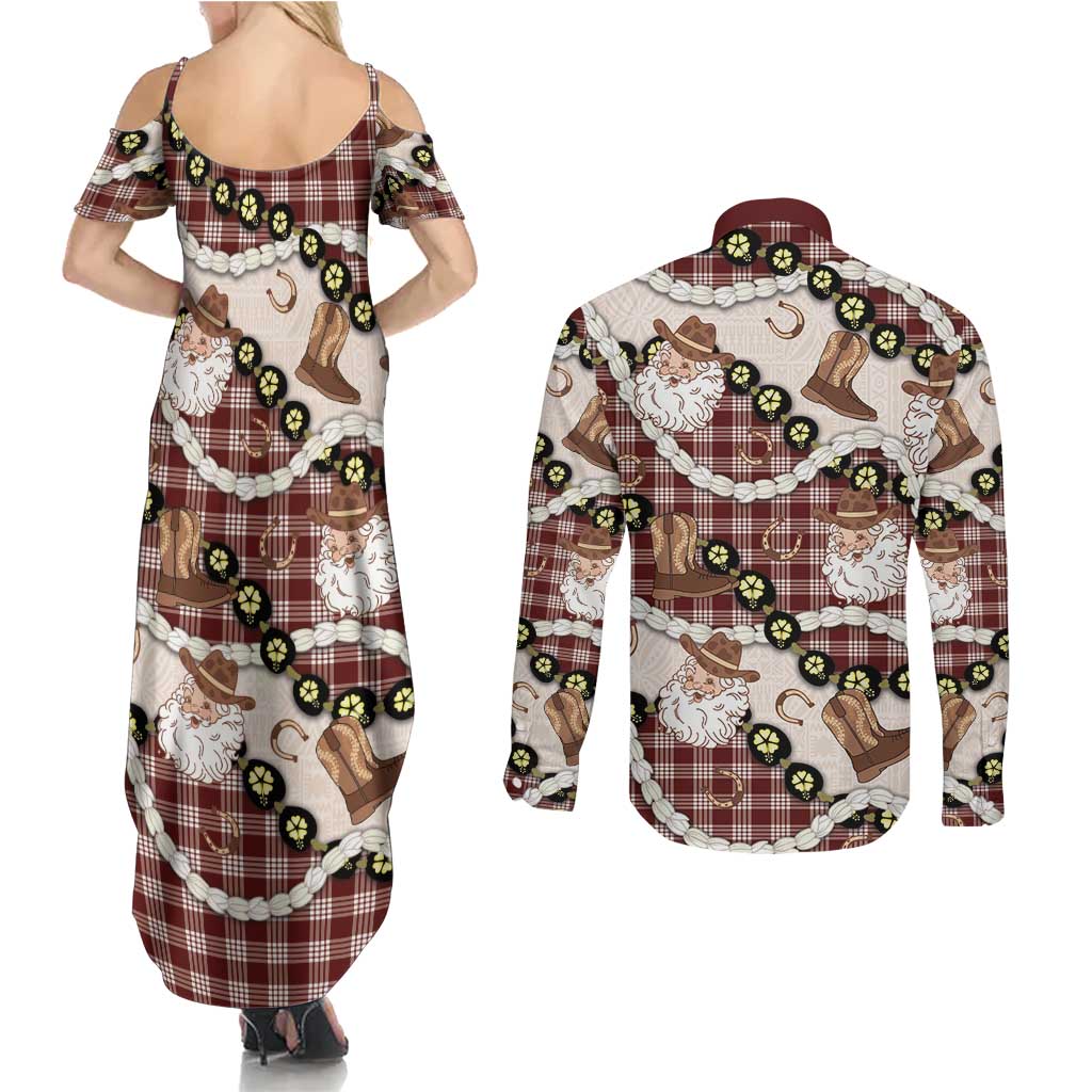 Cowboy Hawaii Mele Kalikimaka Couples Matching Summer Maxi Dress and Long Sleeve Button Shirt Paniolo Kukui Nut Pikake Lei Burgundy Version - Polynesian Pride