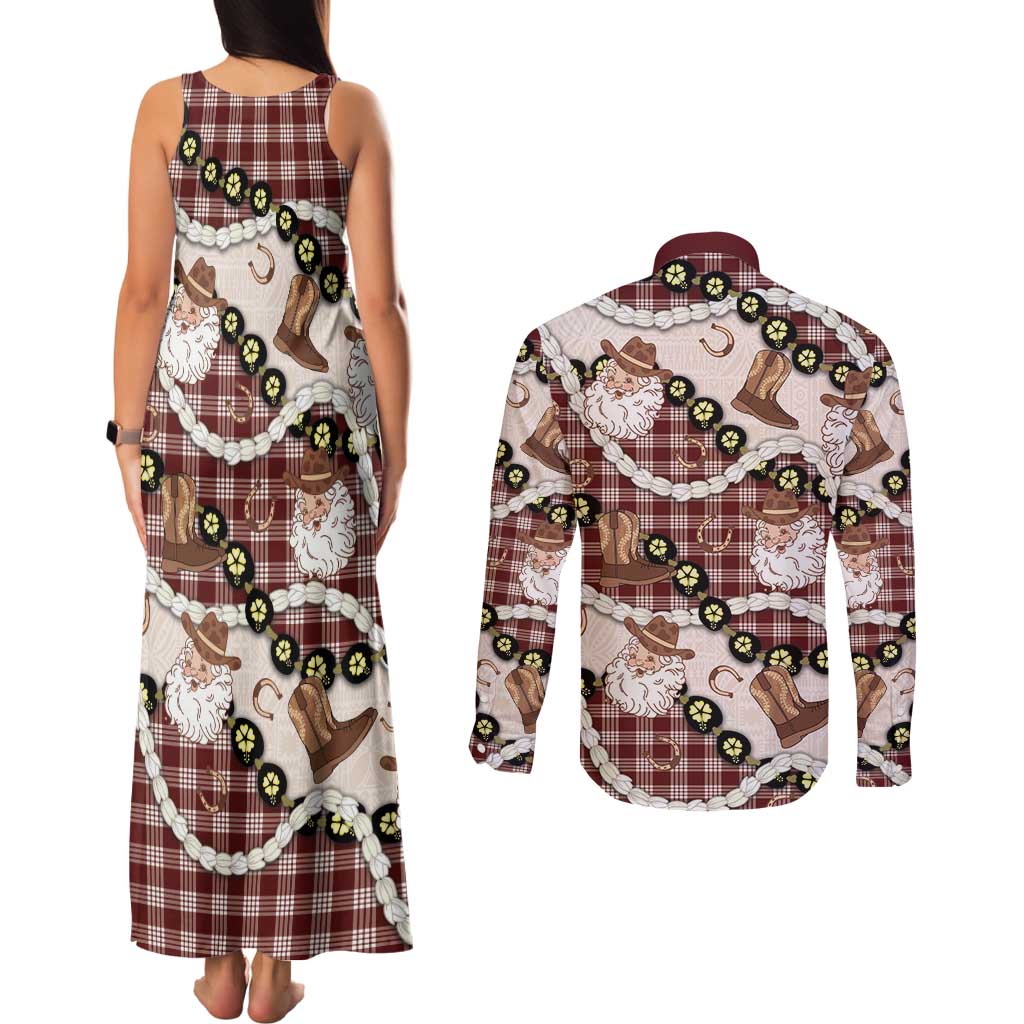 Cowboy Hawaii Mele Kalikimaka Couples Matching Tank Maxi Dress and Long Sleeve Button Shirt Paniolo Kukui Nut Pikake Lei Burgundy Version LT14 - Polynesian Pride