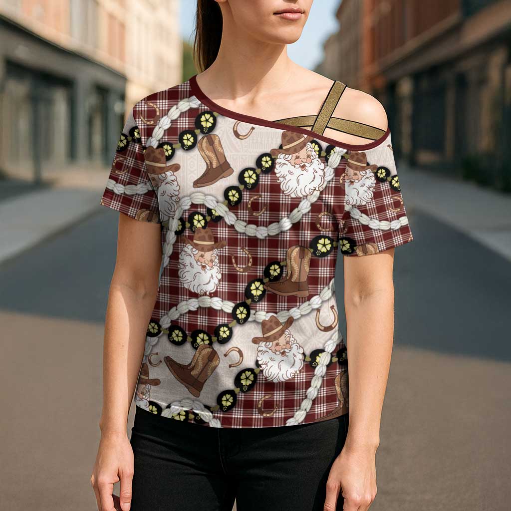 Cowboy Hawaii Mele Kalikimaka Cross Shoulder Shirt Paniolo Kukui Nut Pikake Lei Burgundy Version - Polynesian Pride