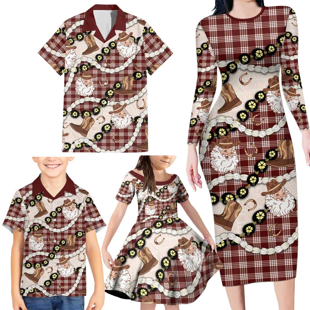 Cowboy Hawaii Mele Kalikimaka Family Matching Long Sleeve Bodycon Dress and Hawaiian Shirt Paniolo Kukui Nut Pikake Lei Burgundy Version LT14 - Polynesian Pride