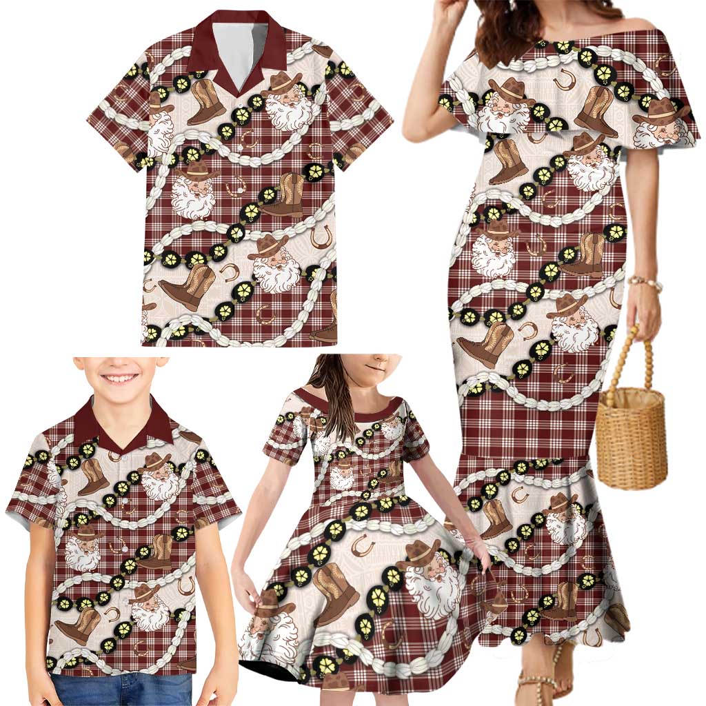 Cowboy Hawaii Mele Kalikimaka Family Matching Mermaid Dress and Hawaiian Shirt Paniolo Kukui Nut Pikake Lei Burgundy Version - Polynesian Pride