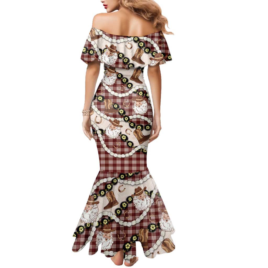 Cowboy Hawaii Mele Kalikimaka Family Matching Mermaid Dress and Hawaiian Shirt Paniolo Kukui Nut Pikake Lei Burgundy Version LT14 - Polynesian Pride