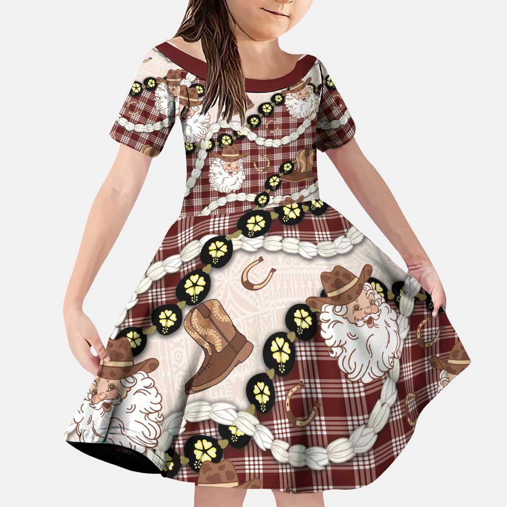 Cowboy Hawaii Mele Kalikimaka Family Matching Off The Shoulder Long Sleeve Dress and Hawaiian Shirt Paniolo Kukui Nut Pikake Lei Burgundy Version LT14 Daughter's Dress Burgundy - Polynesian Pride