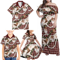 Cowboy Hawaii Mele Kalikimaka Family Matching Off Shoulder Maxi Dress and Hawaiian Shirt Paniolo Kukui Nut Pikake Lei Burgundy Version LT14 - Polynesian Pride