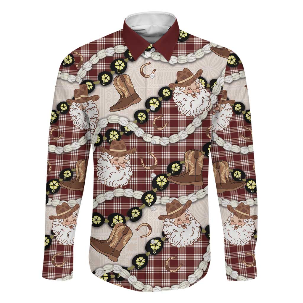 Cowboy Hawaii Mele Kalikimaka Family Matching Off Shoulder Maxi Dress and Hawaiian Shirt Paniolo Kukui Nut Pikake Lei Burgundy Version LT14 Dad's Shirt - Long Sleeve Burgundy - Polynesian Pride