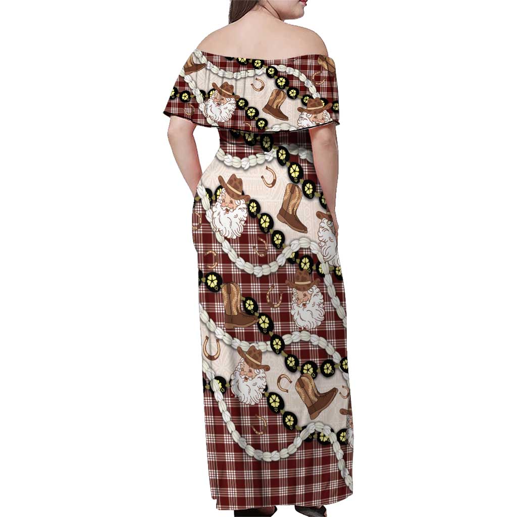 Cowboy Hawaii Mele Kalikimaka Family Matching Off Shoulder Maxi Dress and Hawaiian Shirt Paniolo Kukui Nut Pikake Lei Burgundy Version LT14 - Polynesian Pride