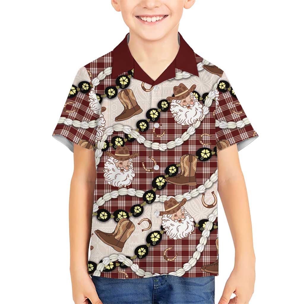 Cowboy Hawaii Mele Kalikimaka Family Matching Off Shoulder Maxi Dress and Hawaiian Shirt Paniolo Kukui Nut Pikake Lei Burgundy Version LT14 Son's Shirt Burgundy - Polynesian Pride