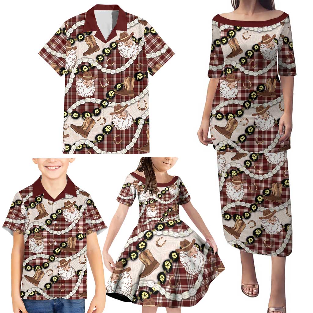 Cowboy Hawaii Mele Kalikimaka Family Matching Puletasi and Hawaiian Shirt Paniolo Kukui Nut Pikake Lei Burgundy Version LT14 - Polynesian Pride