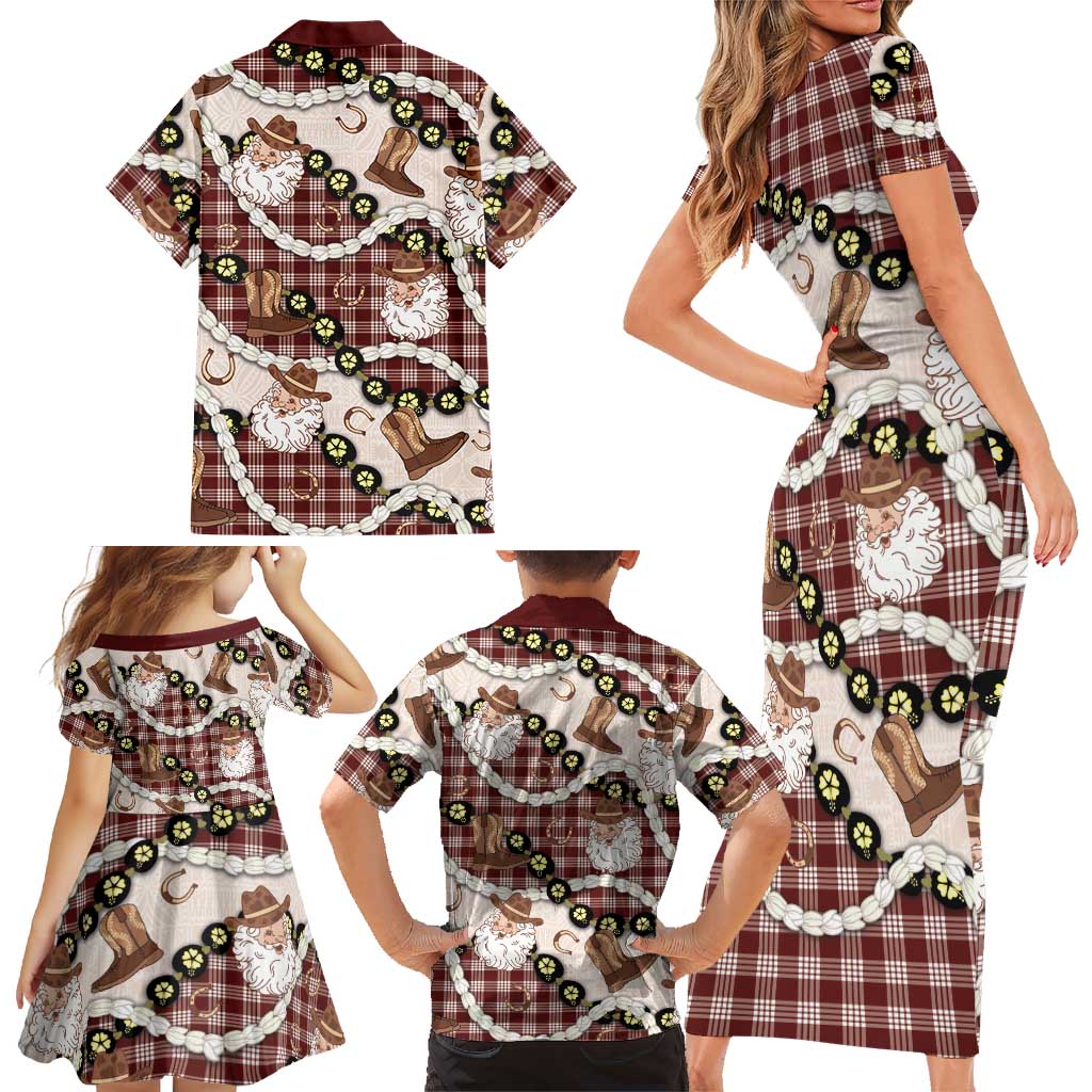 Cowboy Hawaii Mele Kalikimaka Family Matching Short Sleeve Bodycon Dress and Hawaiian Shirt Paniolo Kukui Nut Pikake Lei Burgundy Version LT14 - Polynesian Pride