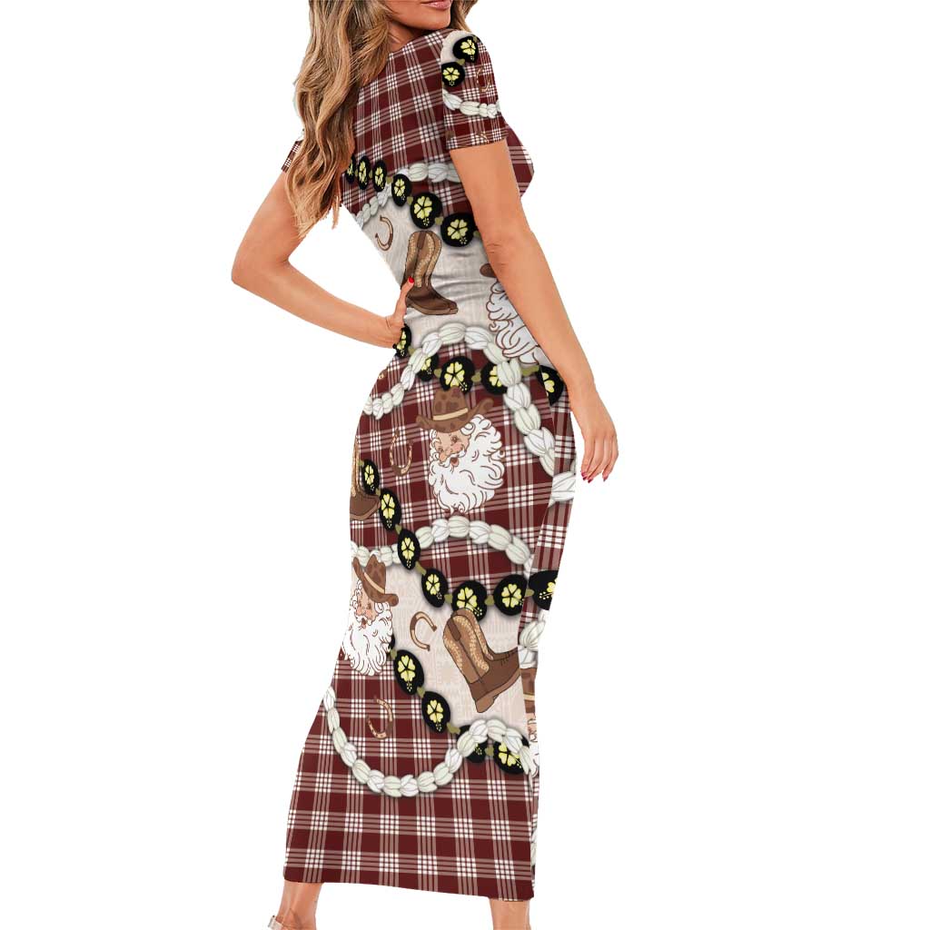 Cowboy Hawaii Mele Kalikimaka Family Matching Short Sleeve Bodycon Dress and Hawaiian Shirt Paniolo Kukui Nut Pikake Lei Burgundy Version LT14 - Polynesian Pride