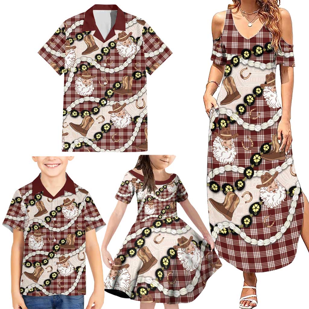 Cowboy Hawaii Mele Kalikimaka Family Matching Summer Maxi Dress and Hawaiian Shirt Paniolo Kukui Nut Pikake Lei Burgundy Version - Polynesian Pride