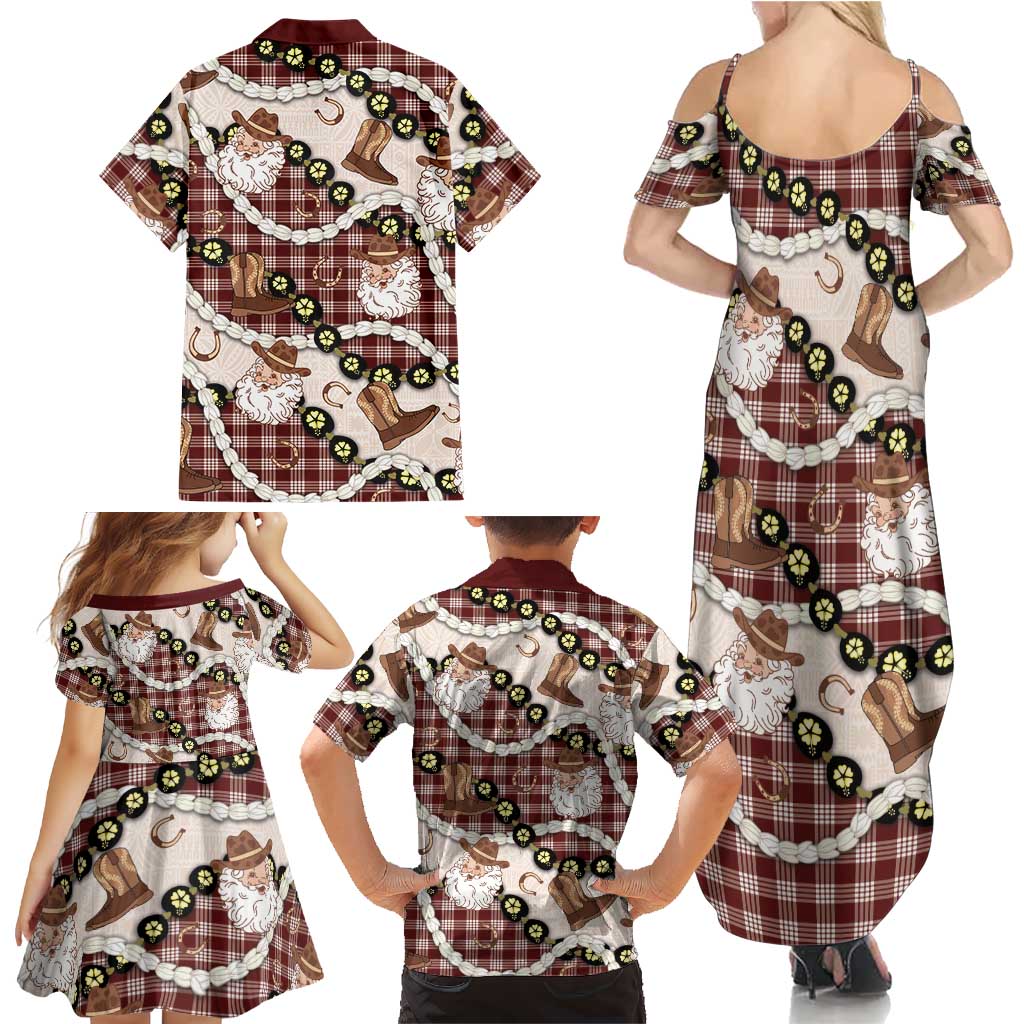 Cowboy Hawaii Mele Kalikimaka Family Matching Summer Maxi Dress and Hawaiian Shirt Paniolo Kukui Nut Pikake Lei Burgundy Version LT14 - Polynesian Pride
