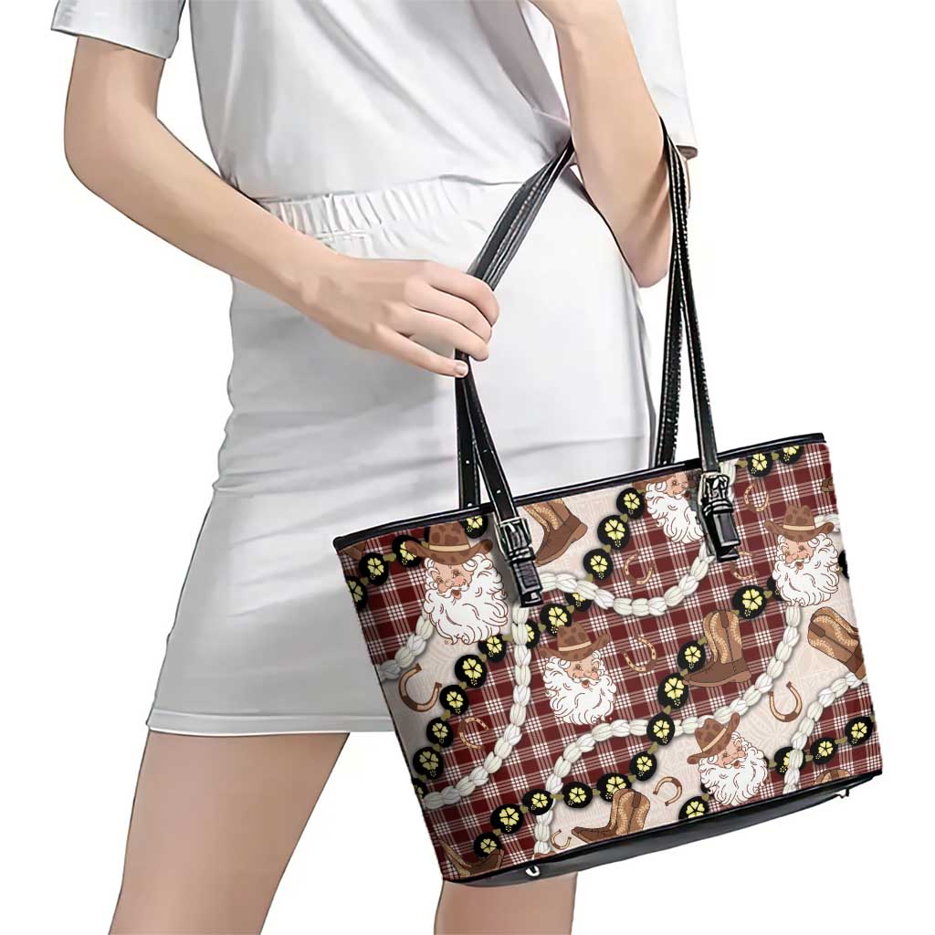 Cowboy Hawaii Mele Kalikimaka Leather Tote Bag Paniolo Kukui Nut Pikake Lei Burgundy Version - Polynesian Pride