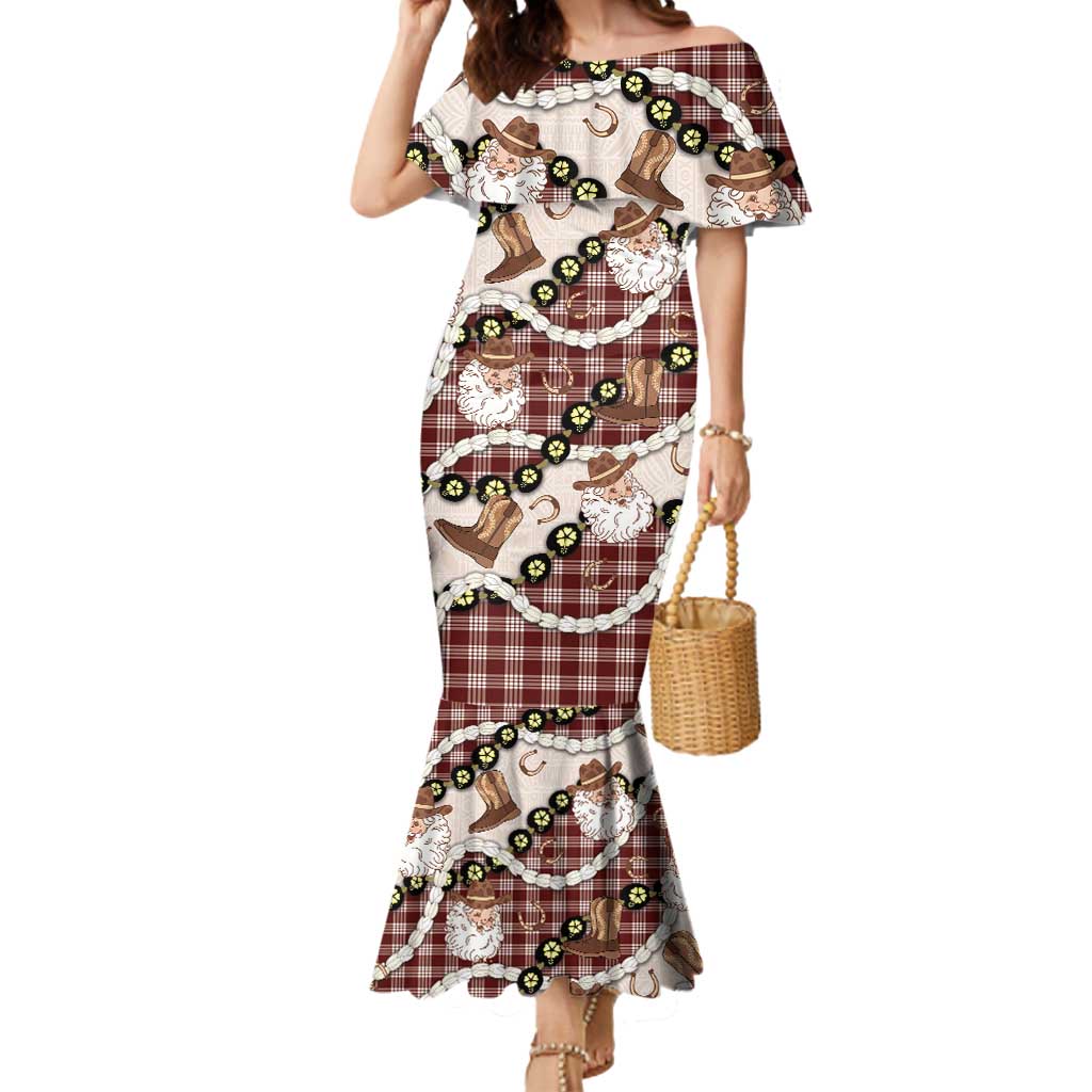 Cowboy Hawaii Mele Kalikimaka Mermaid Dress Paniolo Kukui Nut Pikake Lei Burgundy Version - Polynesian Pride