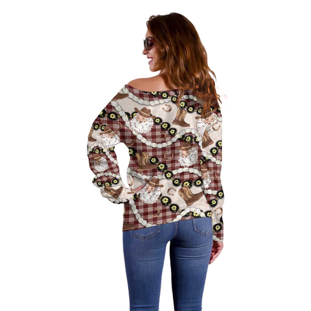 Cowboy Hawaii Mele Kalikimaka Off Shoulder Sweater Paniolo Kukui Nut Pikake Lei Burgundy Version - Polynesian Pride