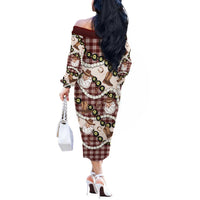Cowboy Hawaii Mele Kalikimaka Off The Shoulder Long Sleeve Dress Paniolo Kukui Nut Pikake Lei Burgundy Version LT14 - Polynesian Pride