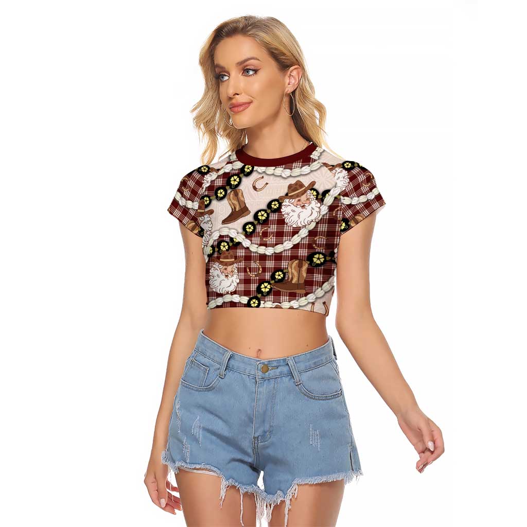 Cowboy Hawaii Mele Kalikimaka Raglan Cropped T Shirt Paniolo Kukui Nut Pikake Lei Burgundy Version - Polynesian Pride