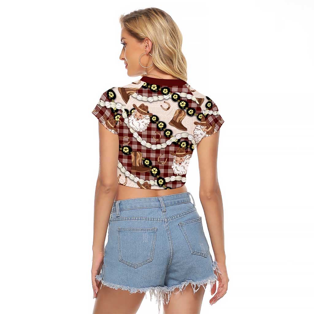 Cowboy Hawaii Mele Kalikimaka Raglan Cropped T Shirt Paniolo Kukui Nut Pikake Lei Burgundy Version - Polynesian Pride
