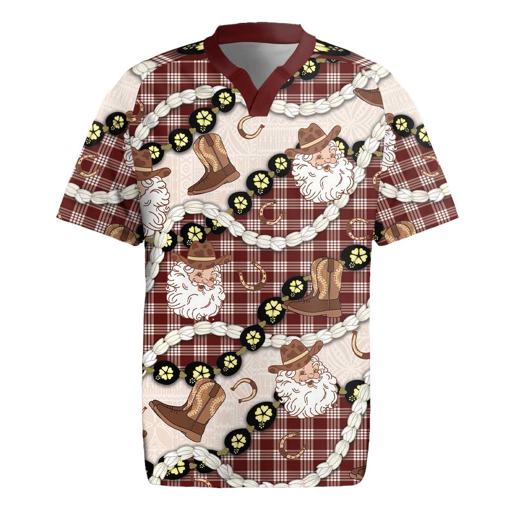 Cowboy Hawaii Mele Kalikimaka Rugby Jersey Paniolo Kukui Nut Pikake Lei Burgundy Version - Polynesian Pride
