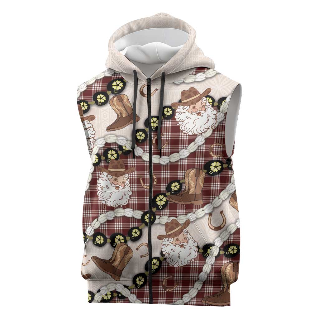 Cowboy Hawaii Mele Kalikimaka Sleeveless Zip Hoodie Paniolo Kukui Nut Pikake Lei Burgundy Version - Polynesian Pride