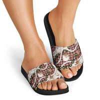 Cowboy Hawaii Mele Kalikimaka Slide Sandals Paniolo Kukui Nut Pikake Lei Burgundy Version - Polynesian Pride