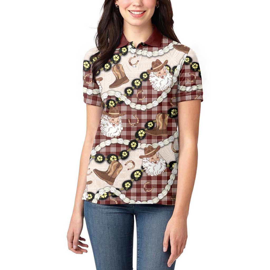 Cowboy Hawaii Mele Kalikimaka Women Polo Shirt Paniolo Kukui Nut Pikake Lei Burgundy Version - Polynesian Pride