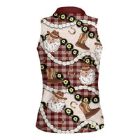 Cowboy Hawaii Mele Kalikimaka Women Sleeveless Polo Shirt Paniolo Kukui Nut Pikake Lei Burgundy Version LT14 - Polynesian Pride