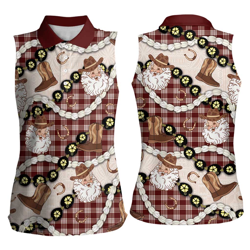 Cowboy Hawaii Mele Kalikimaka Women Sleeveless Polo Shirt Paniolo Kukui Nut Pikake Lei Burgundy Version LT14 - Polynesian Pride