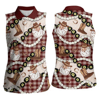 Cowboy Hawaii Mele Kalikimaka Women Sleeveless Polo Shirt Paniolo Kukui Nut Pikake Lei Burgundy Version LT14 - Polynesian Pride