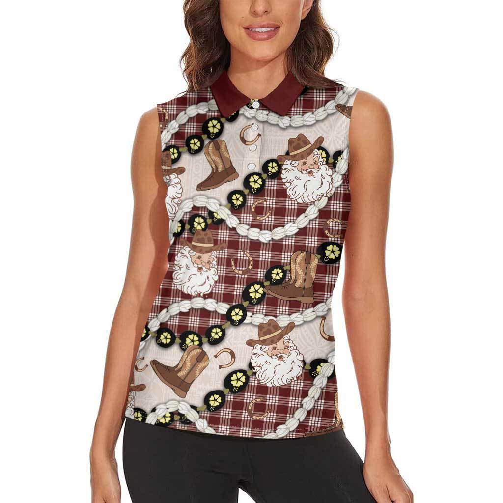 Cowboy Hawaii Mele Kalikimaka Women Sleeveless Polo Shirt Paniolo Kukui Nut Pikake Lei Burgundy Version LT14 - Polynesian Pride