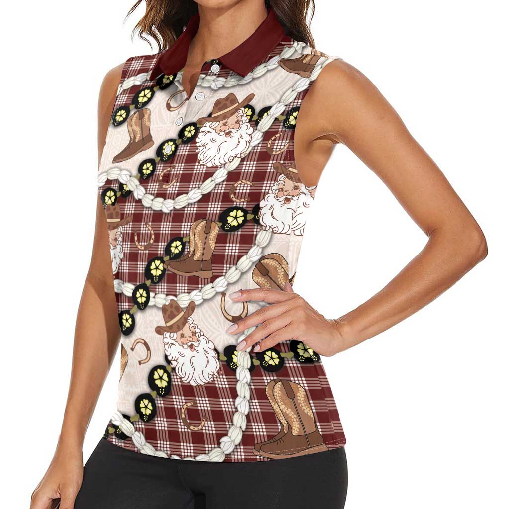 Cowboy Hawaii Mele Kalikimaka Women Sleeveless Polo Shirt Paniolo Kukui Nut Pikake Lei Burgundy Version LT14 - Polynesian Pride