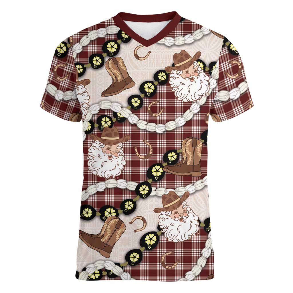 Cowboy Hawaii Mele Kalikimaka Women V-Neck T-Shirt Paniolo Kukui Nut Pikake Lei Burgundy Version LT14 Female Burgundy - Polynesian Pride