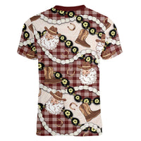 Cowboy Hawaii Mele Kalikimaka Women V-Neck T-Shirt Paniolo Kukui Nut Pikake Lei Burgundy Version LT14 - Polynesian Pride