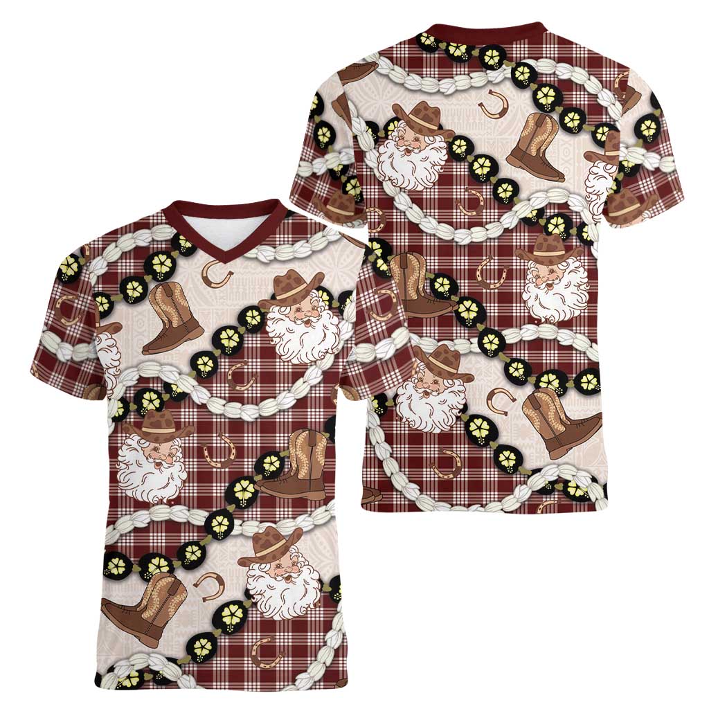 Cowboy Hawaii Mele Kalikimaka Women V-Neck T-Shirt Paniolo Kukui Nut Pikake Lei Burgundy Version LT14 - Polynesian Pride