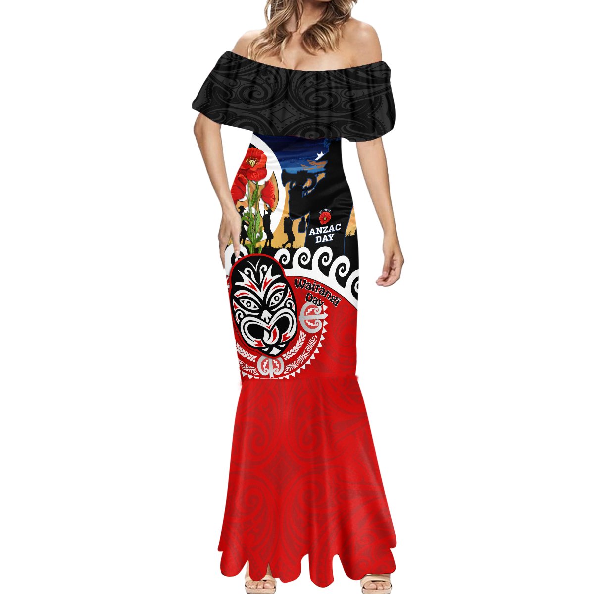 New Zealand Waitangi And ANZAC Day Mermaid Dress Aotearoa Maori Tiki With Last Post LT14 - Polynesian Pride