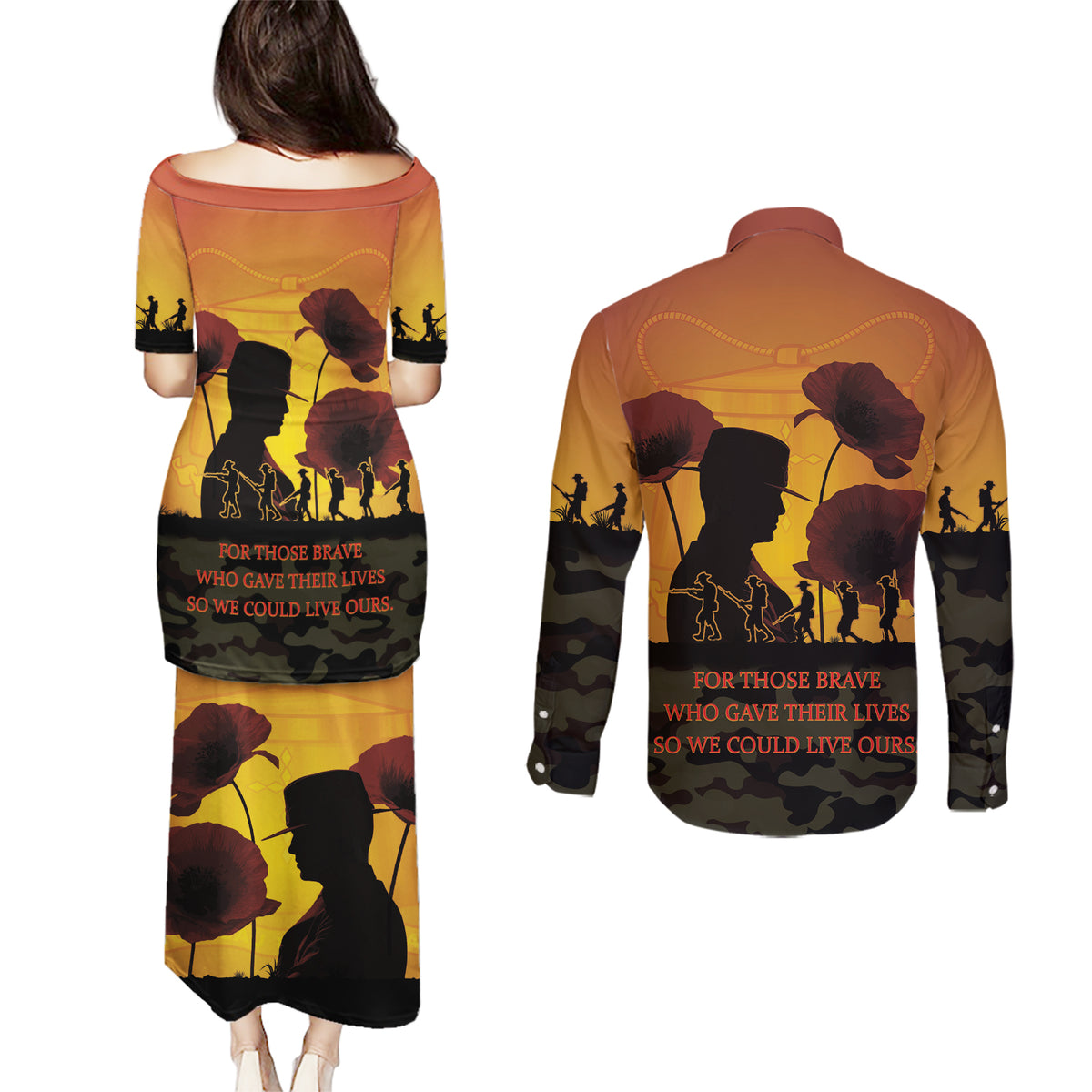 Tokelau ANZAC Day Couples Matching Puletasi and Long Sleeve Button Shirt Camouflage With Poppies Lest We Forget LT14 - Polynesian Pride