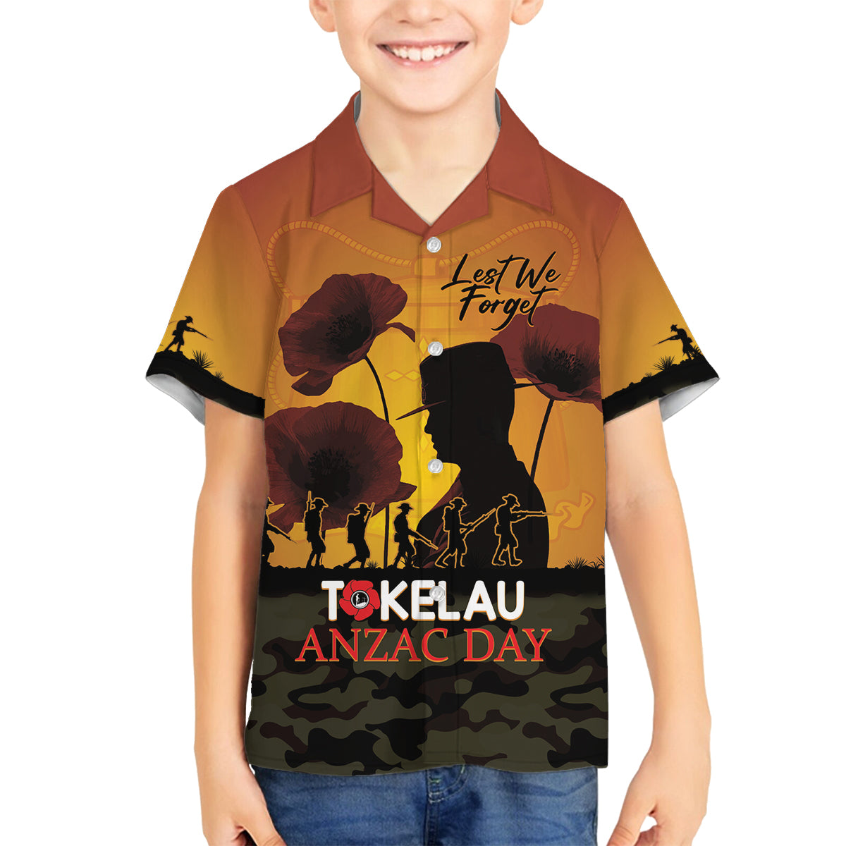 Tokelau ANZAC Day Family Matching Long Sleeve Bodycon Dress and Hawaiian Shirt Camouflage With Poppies Lest We Forget LT14 Son's Shirt Yellow - Polynesian Pride