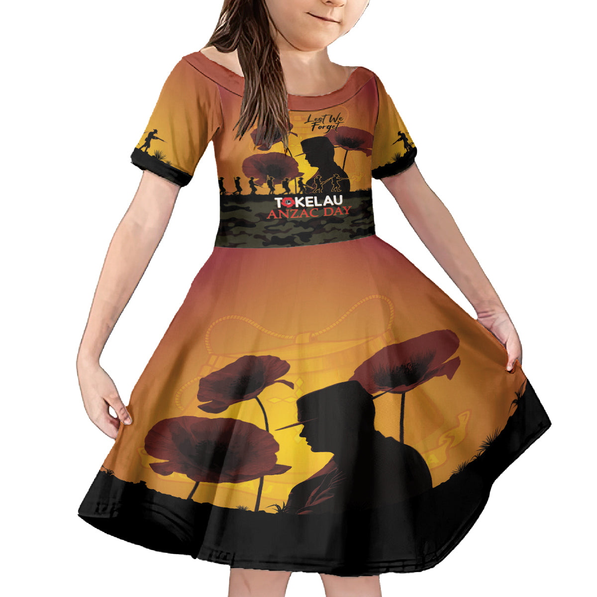 Tokelau ANZAC Day Family Matching Off Shoulder Long Sleeve Dress and Hawaiian Shirt Camouflage With Poppies Lest We Forget LT14 Daughter's Dress Yellow - Polynesian Pride