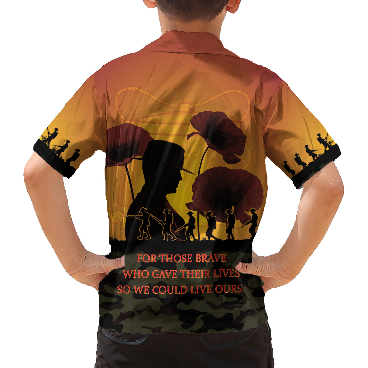 Tokelau ANZAC Day Family Matching Off Shoulder Short Dress and Hawaiian Shirt Camouflage With Poppies Lest We Forget LT14 - Polynesian Pride