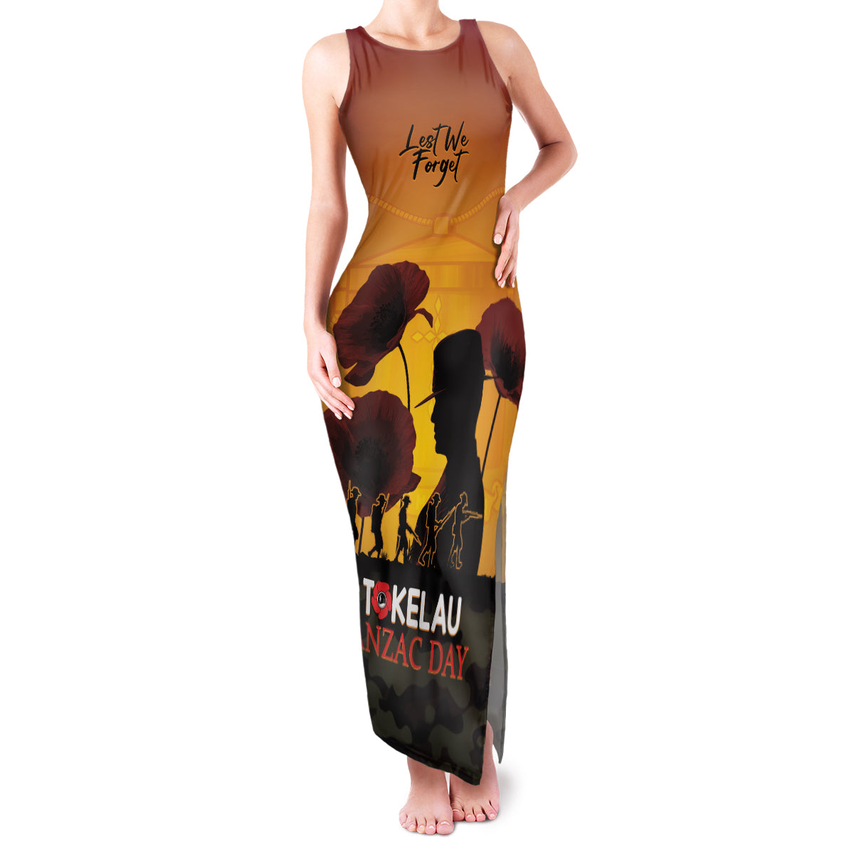 Tokelau ANZAC Day Family Matching Tank Maxi Dress and Hawaiian Shirt Camouflage With Poppies Lest We Forget LT14 Mom's Dress Yellow - Polynesian Pride