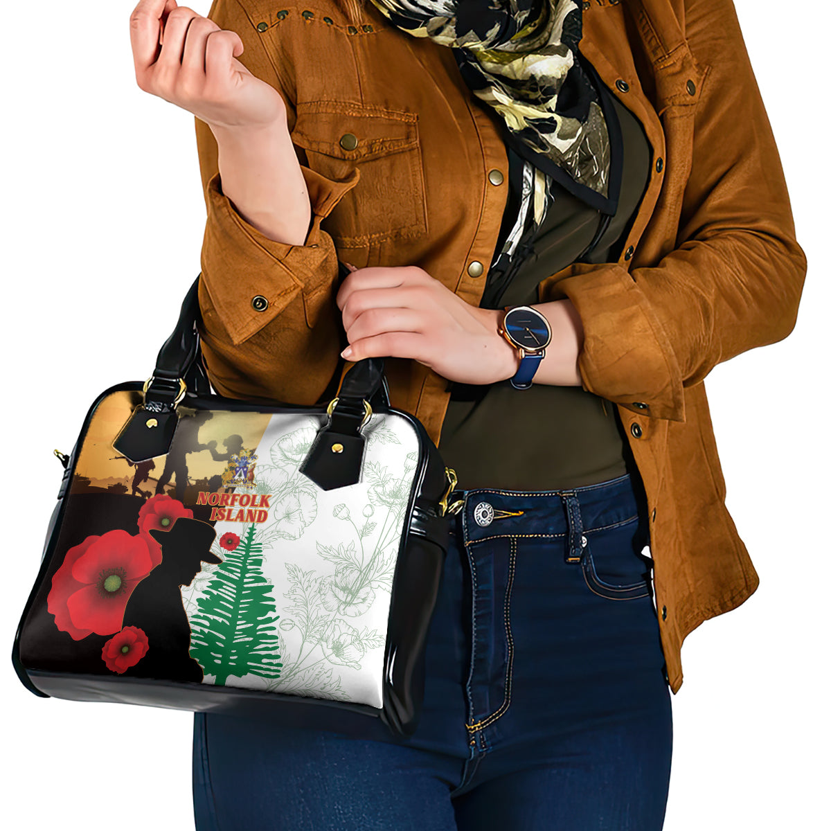 Norfolk Island ANZAC Day Shoulder Handbag Pine Tree With Poppies Lest We Forget LT14 - Polynesian Pride