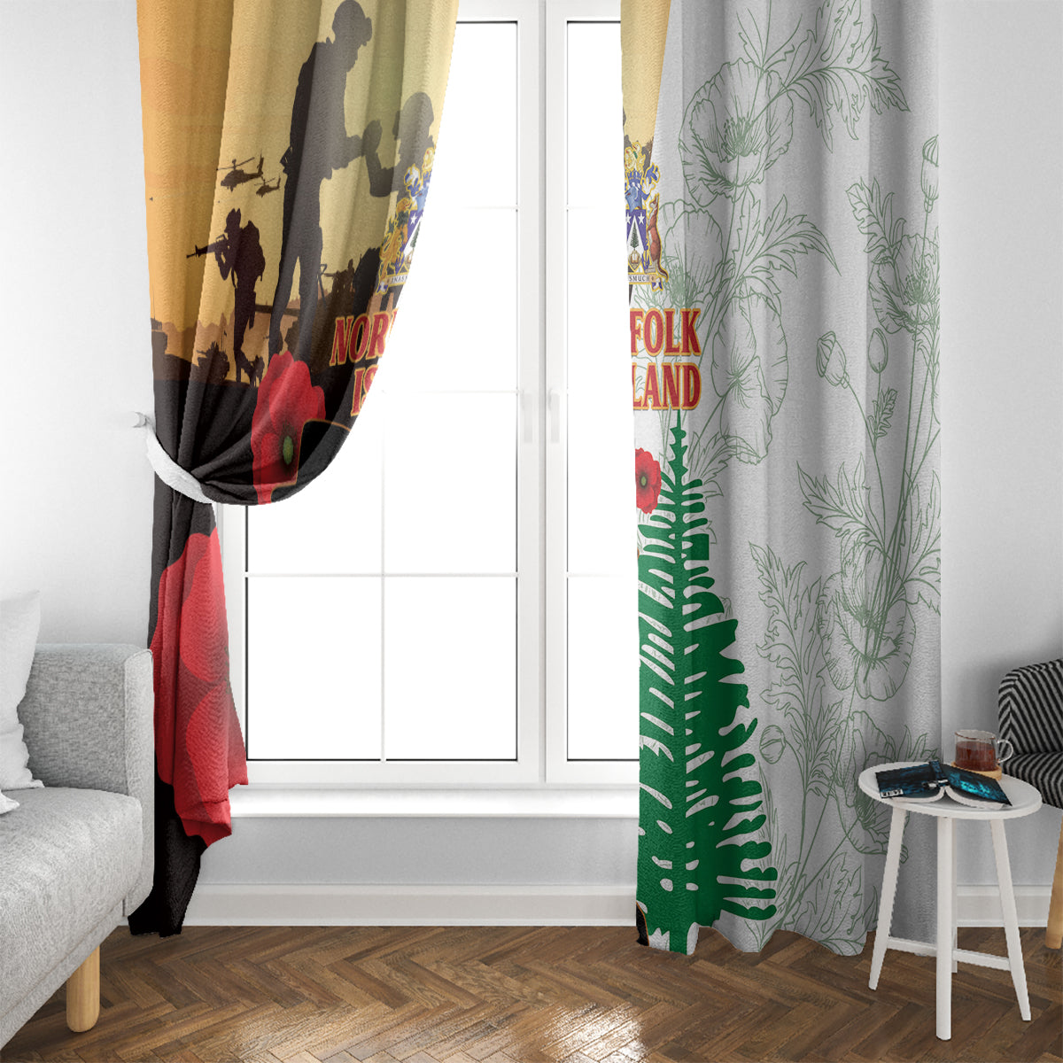 Norfolk Island ANZAC Day Window Curtain Pine Tree With Poppies Lest We Forget LT14 - Polynesian Pride