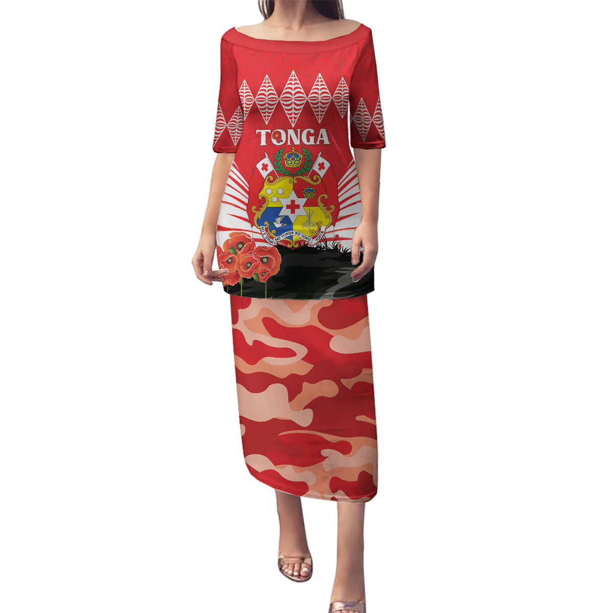 Tonga ANZAC Day Family Matching Puletasi and Hawaiian Shirt Camouflage With Poppies Lest We Forget LT14 Mom's Dress Red - Polynesian Pride