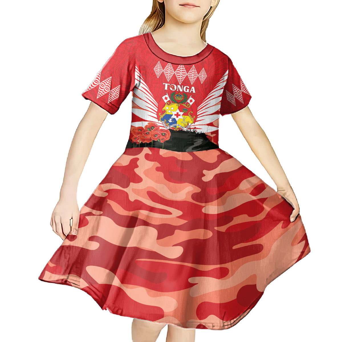 Tonga ANZAC Day Kid Short Sleeve Dress Camouflage With Poppies Lest We Forget LT14 - Polynesian Pride